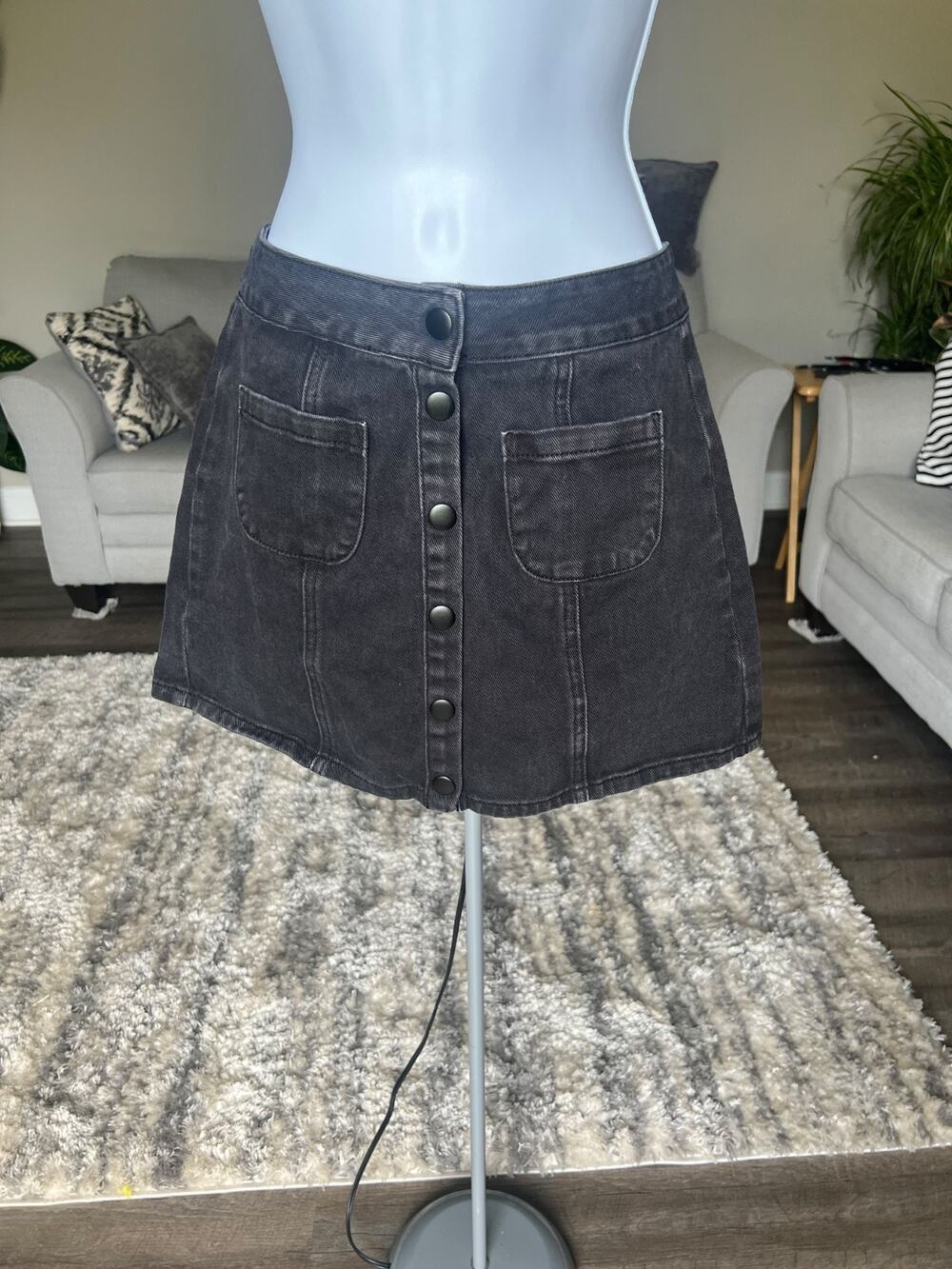 Brandy Melville 100% Cotton Black Denim‎ Button Front Skirt Size 25 #723